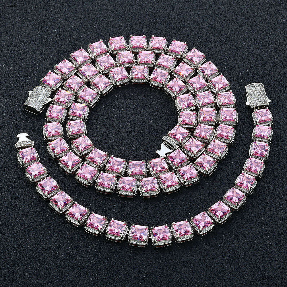 Hip-Hop 10mm Square Pink Moissanite chain Ice Sugar Jewelry Accessories High-End Men's Necklace