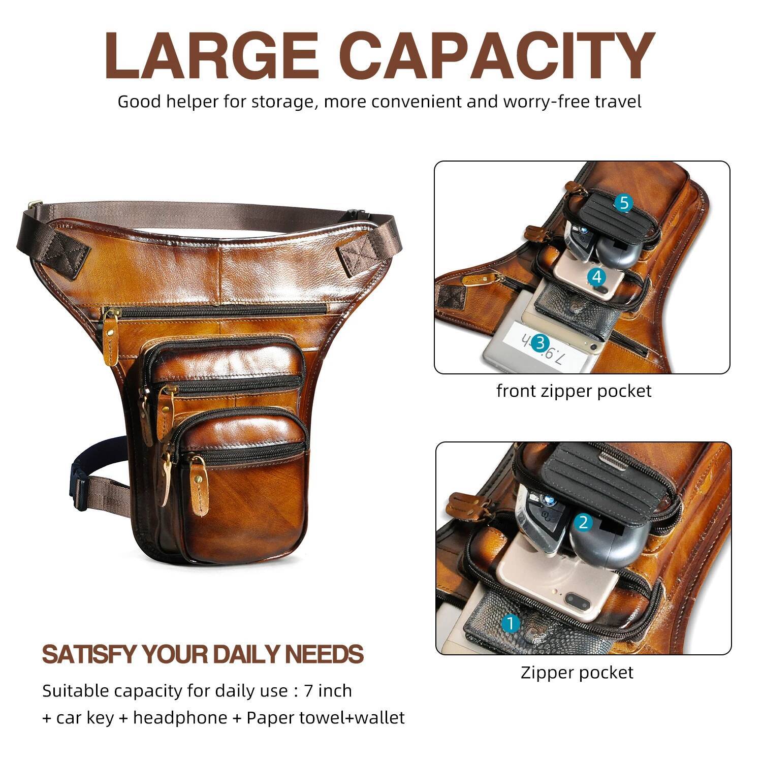 Top Quality Leather Men Design Casual Tablet Satchel Sling Multi-function Fashion Travel Waist Belt Pack Leg Bag Male 3111lb