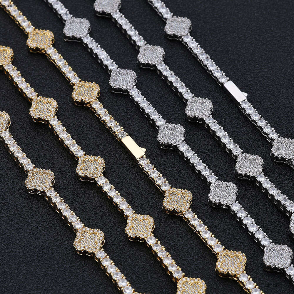 Hip Hop Spring Buckle Moissanite chain Tennis Chain Four-Leaf Clover Necklace Personality Versatile Men's Jewelry