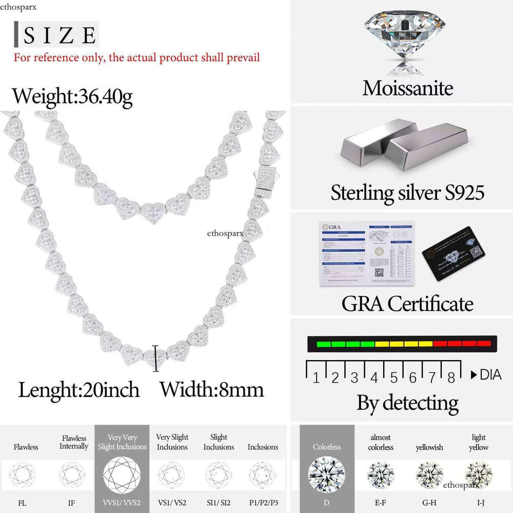 Party Jewelry 8MM Gold Plated Sterling Sier VVS Moissanite Dia Valentine Gifts Heart Tennis Chain Necklace