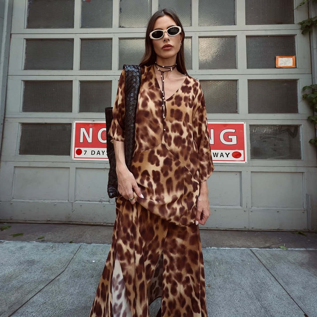 2025 Autumn New Womens Fashion Leopard Print V-Neck Slit Casual Loose Long Sleeve Dress