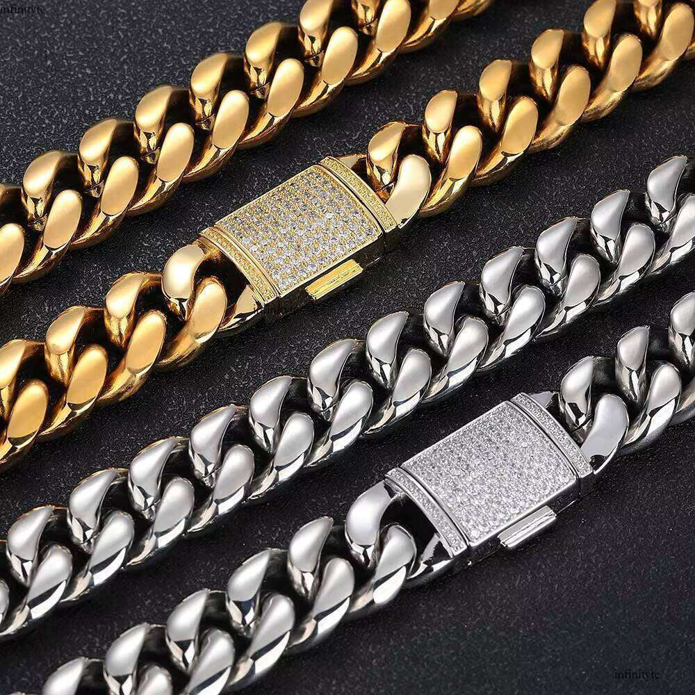 NUOYA Hip Hop Jewelry 18mm Stainless Steel Curb Chain Brass Zircon Clasp Gold Plated Miami Cuban Link Bracelet