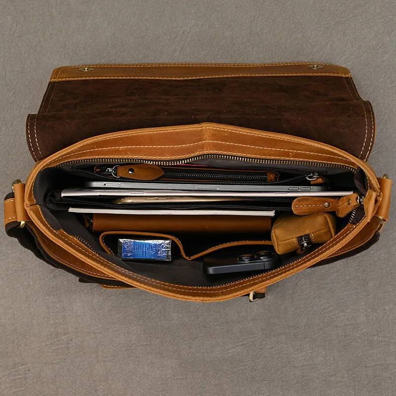 Men's Vintage crazy horse messenger A4 Genuine shoulder iPad Thick Cow leather school bag magnetic flap