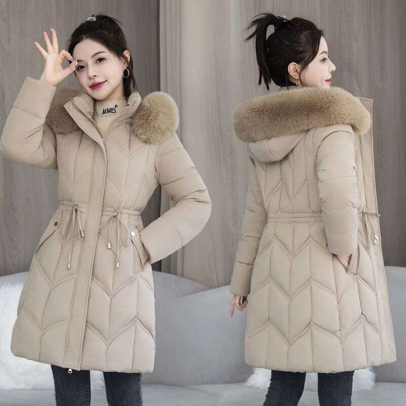 Clothing Winter Down Women's Mid Length Style Waist Thickening Warm Large Fur Collar Jacket New Cotton Coat