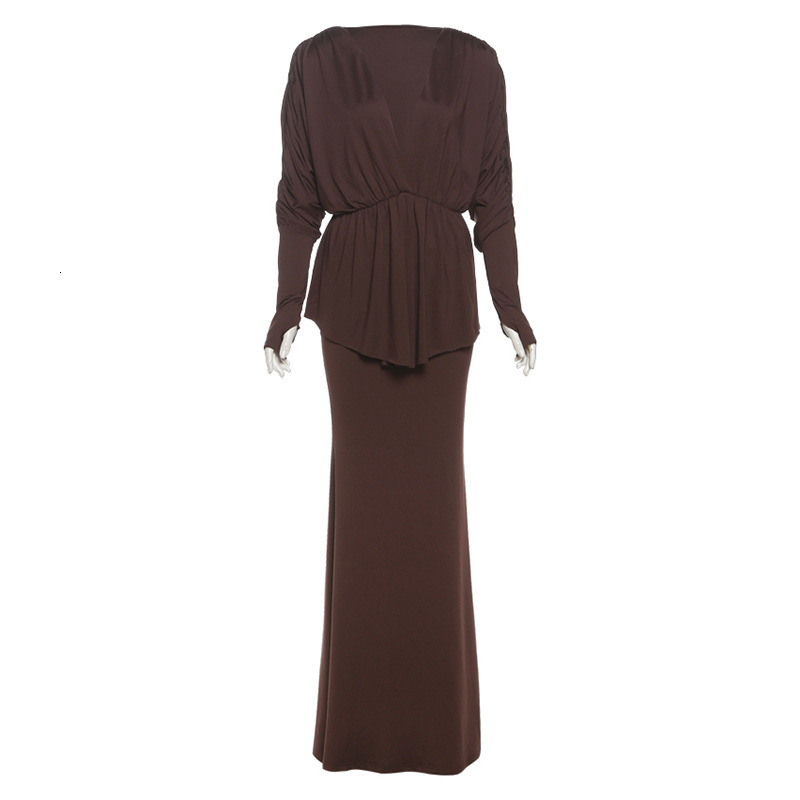 2025 Summer New Fashion Sexy V-Neck Ruched Top Bodycon Long Skirt Set for Women