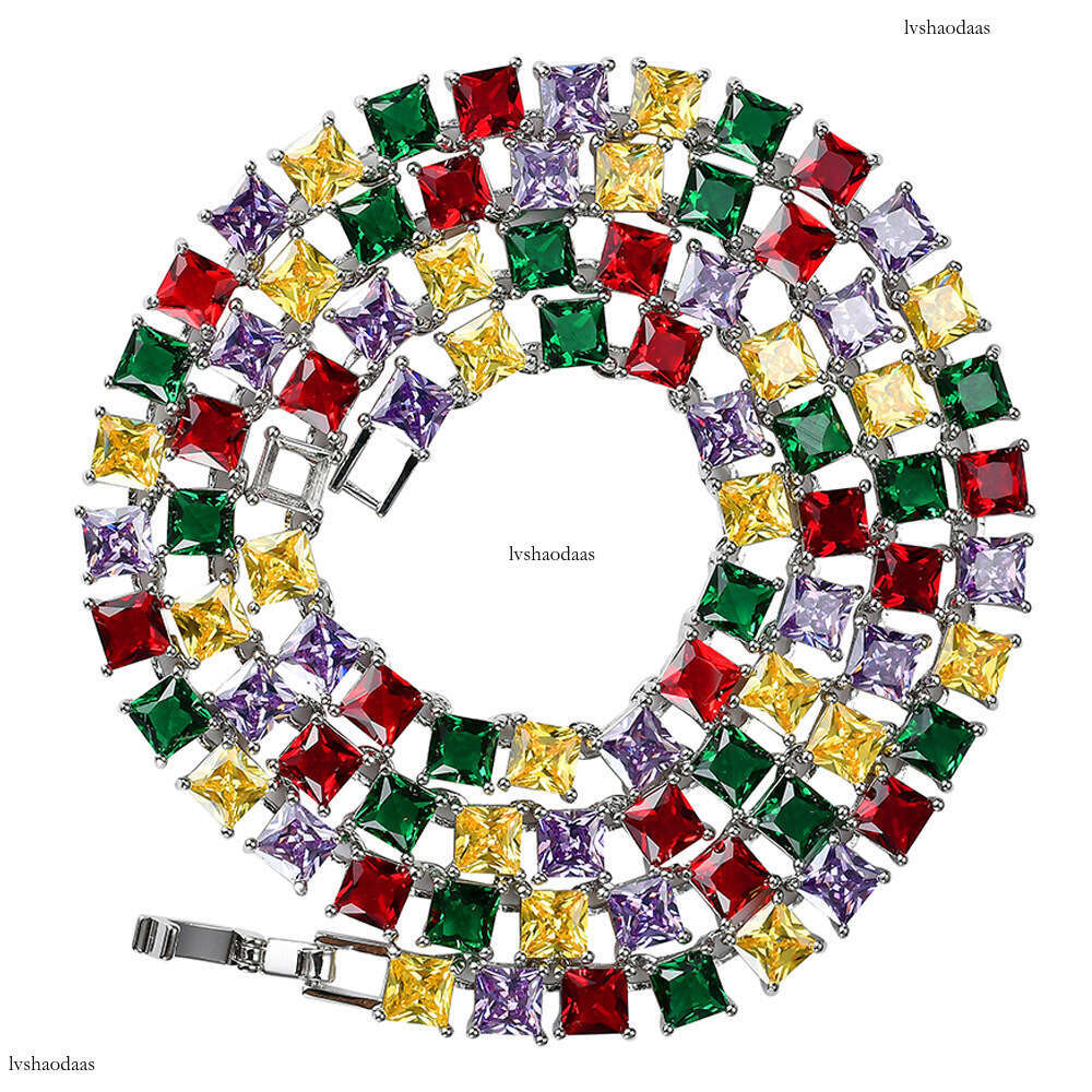 Personality Colorful Micro Paved Four-Color Square Moissanite chain Necklace Trendy Hip Hop Jewelry
