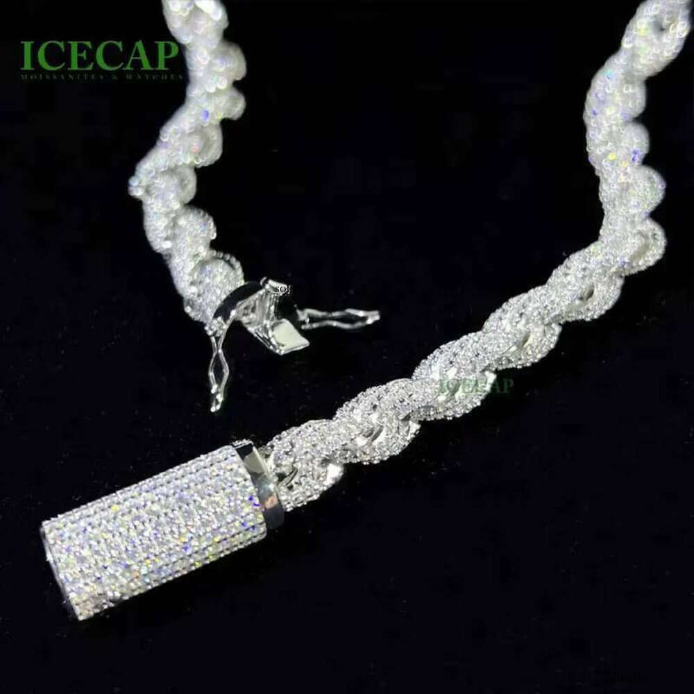Sier Jewelry 8mm Rope Chain Ice Out Hiphop Men White Gold Color Moissanite Necklace