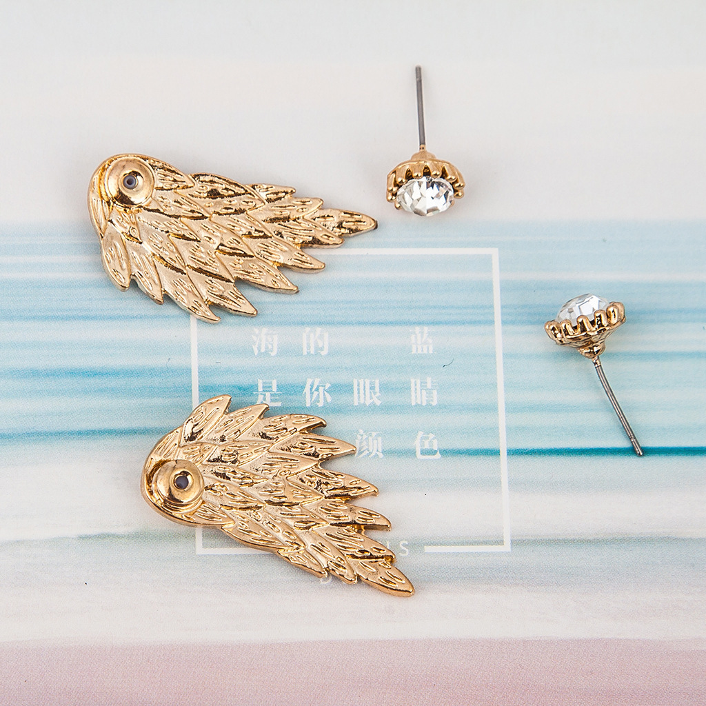 3D Angel Wings Earrings Feather Inlaid Alloy Piercing Studs