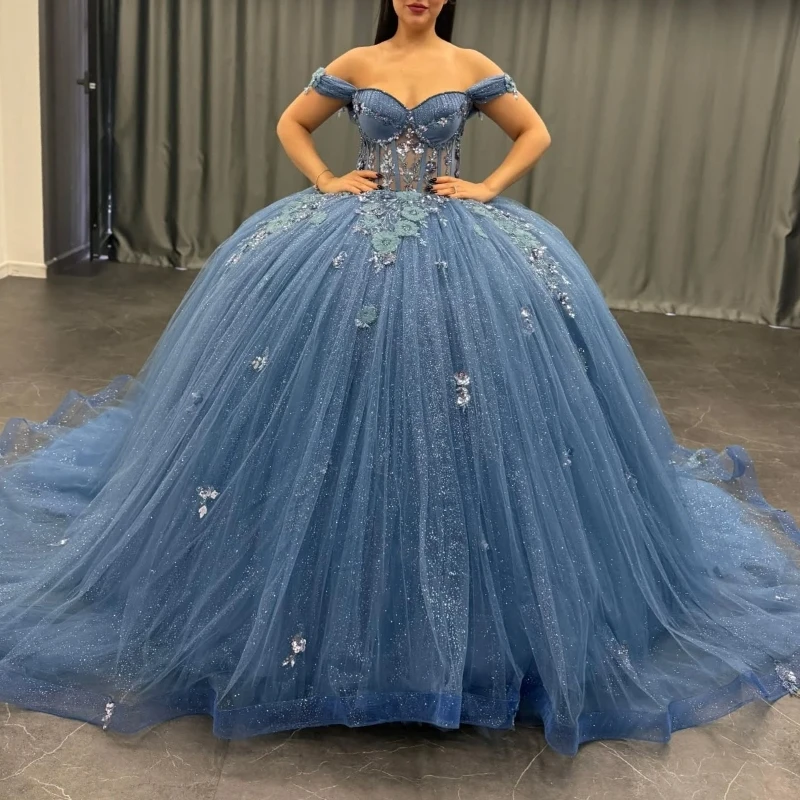Sea Blue Quinceanera Dresses Ball Gown Off The Shoulder Applique Lace Beads Tull Corset Party Birthday Sweet 16 Dress Vestidos 15 Anos