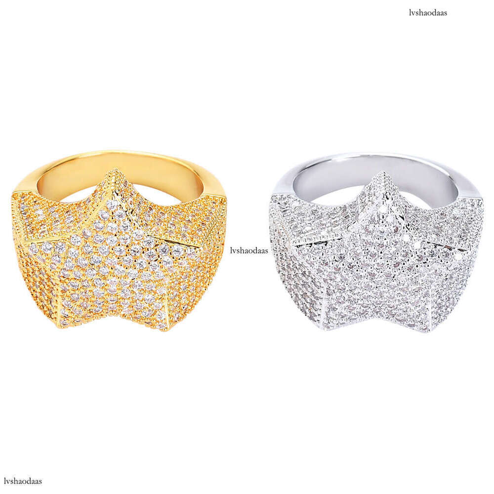 Five-Pointed Real Gold Plated Micro Paved Zircon Hip-Hop Men's Star Ring