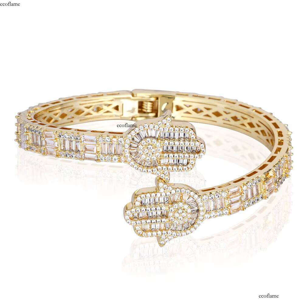 NUOYA Hip Hop Jewelry Micro Pave Baguette CZ Stone Iced Out Hamsa Hand Charm Bangle Bracelet for Men Women