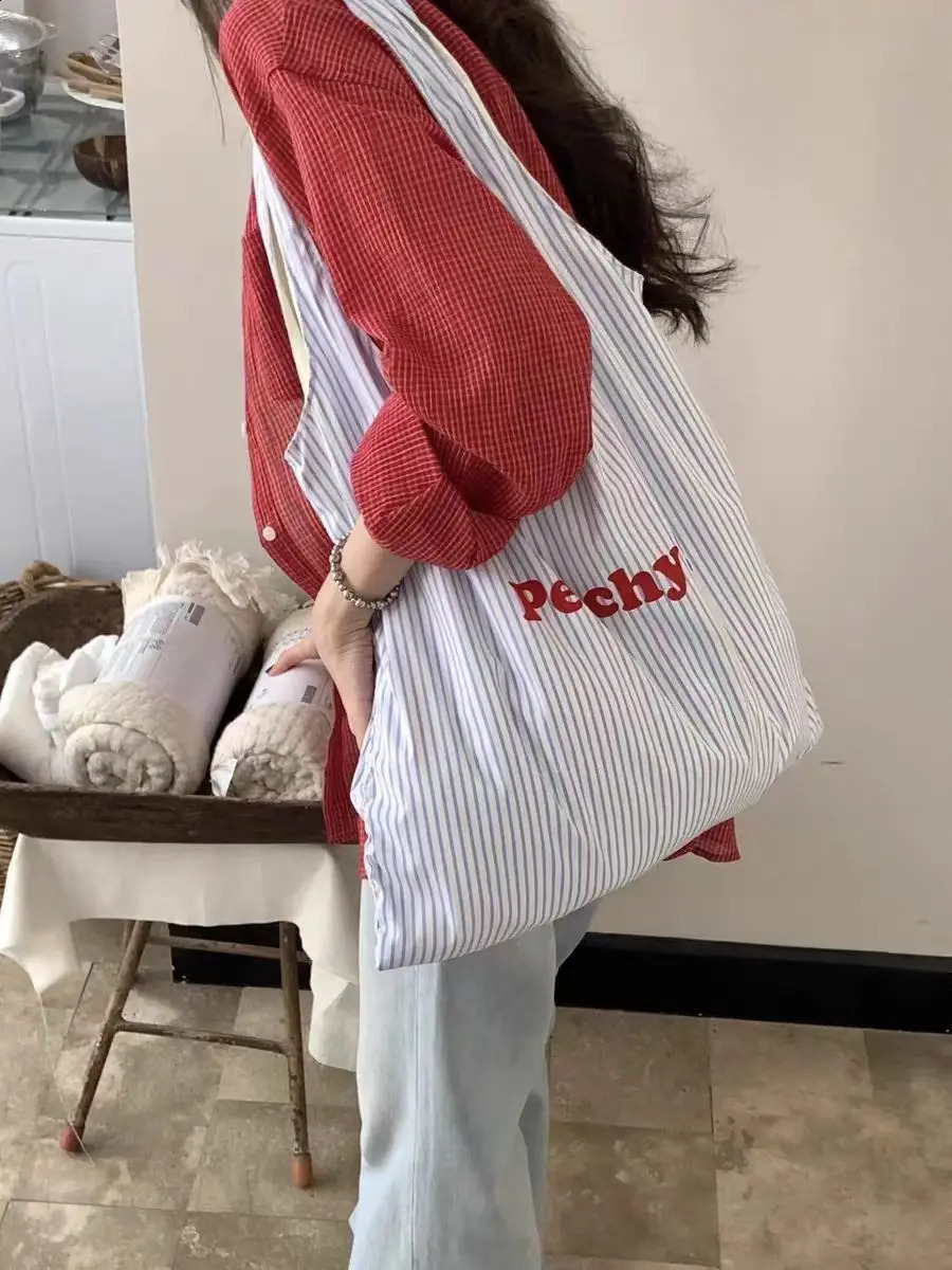 JIAERDI Stripe Blue Large Capacity Canvas Bag For Women Summer Tote Bag Female Korean Style Y2k Handbag Bolsos De Mujer 250809