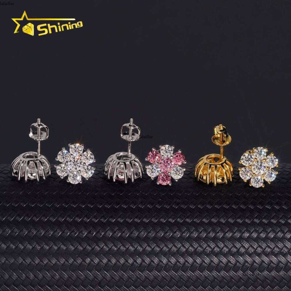 High Quality Hip Hop Pink Screw Back Sier Cluster Flower Men's VVS Moissanite Earrings