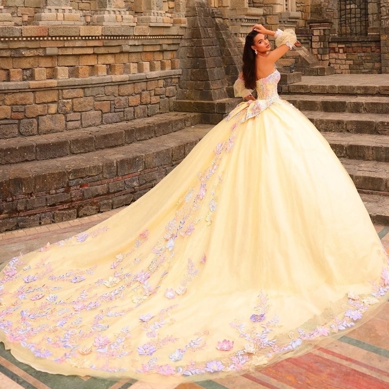 Yellow Quinceanera Dresses Ball Gown Off The Shoulder Applique Lace Bow Tull Party Birthday Sweet 16 Dress Vestido De 15 Anos