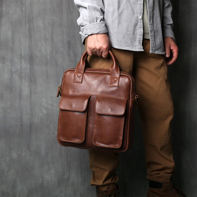 NZPJ Retro Leather Mens Handbag Top Layer Cowhide Vertical Single Shoulder Messenger Bag Postman Briefcase Computer Bag 250804
