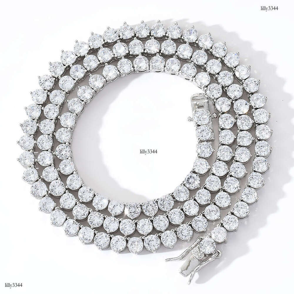 Hip Hop Sterling Silver Moissanite chain Necklace for Men and Women Three-Prong Inlaid 4mm Single Row Dia Tennis Chain
