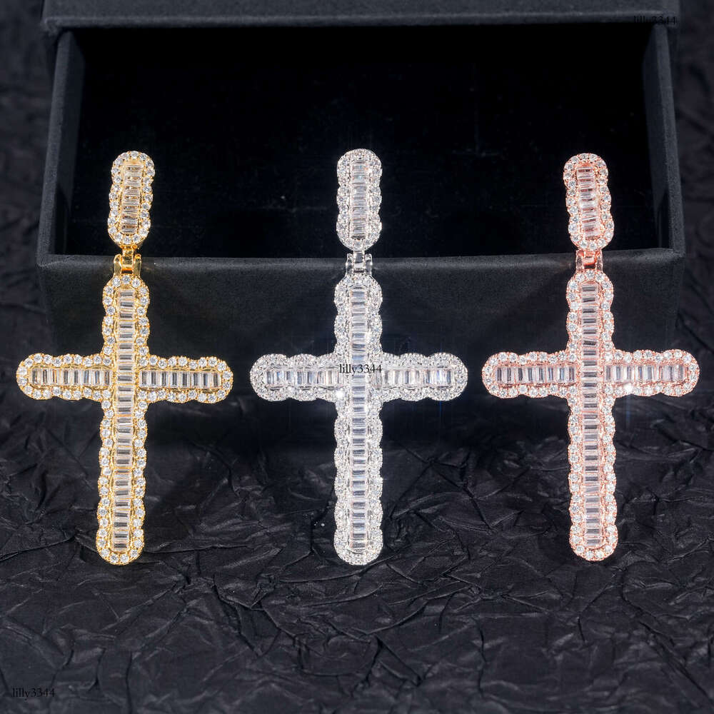 Straight Cross Pendant Sterling Silver Inlaid with Full Dia Moissanite chain Trendy HIPHOP Jewelry