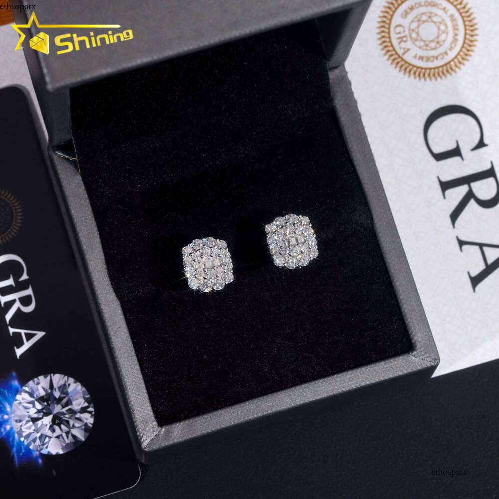 Promotion Price Pass Dia Tester GRA Certified Fully Iced Out Hip Hop Sier Jewelry Baguette Moissanite Stud Earrings