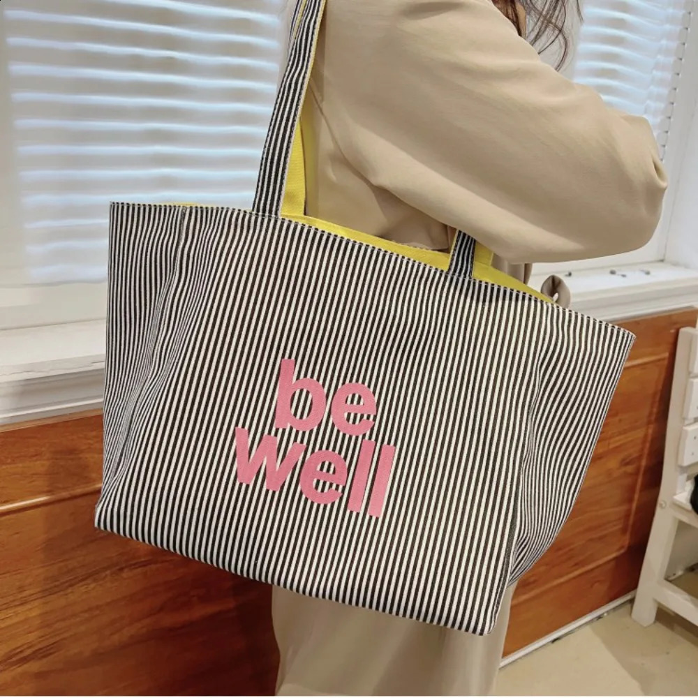 Korean Style Versatile Womens Shoulder Bag Canvas Stripe Tote Bag Two-sided Large Capacity Handbag Womens Accessory 250809