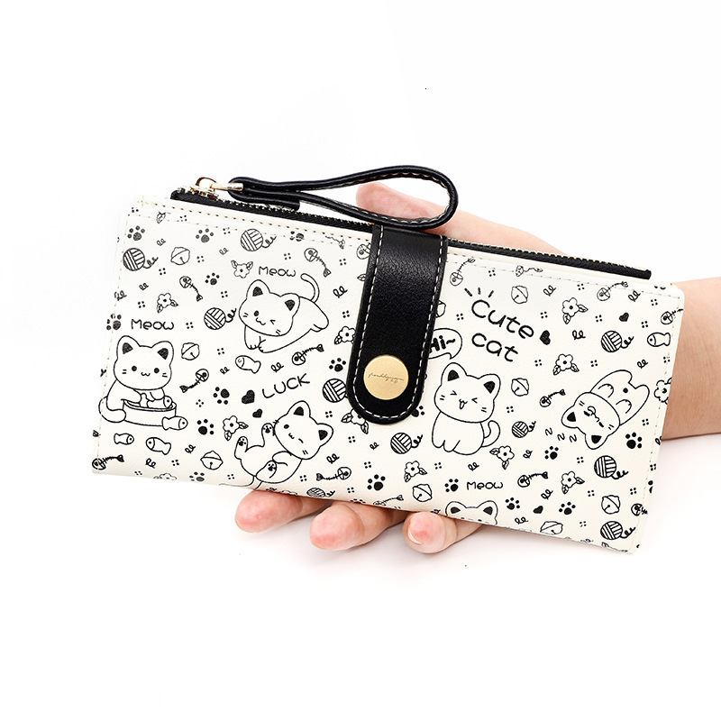 Black And White Long Japanese Style Simple Cute Cat Pattern Print 80% Off Luxury Bag Multi-functional Large Capacity Women's Clutch