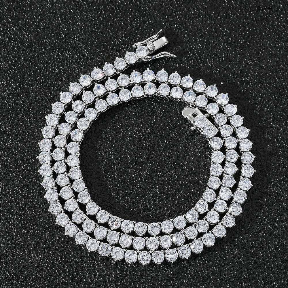 Hip Hop Sterling Silver Moissanite chain Necklace for Men and Women Three-Prong Inlaid 4mm Single Row Dia Tennis Chain
