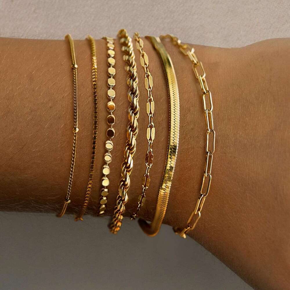 ty 14K Plated Stack Set Trendy Stackable non tarnish Paperclip Chain Bracelets Gold Jewelry Sets Gifts for Women