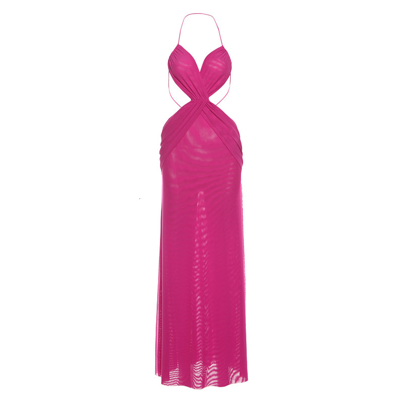 2025 Summer New Sexy Hot Girl See-through Backless Tie Halter Long Dress Womens Clothing
