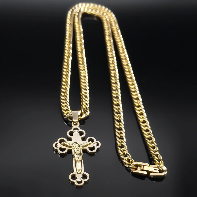 Hip Hop Cross Jesus Crucifixion Necklace for Men Women Gold Color Stainless Steel Cuban Link Chain Punk Rock Male Jewelry N8242S 250805