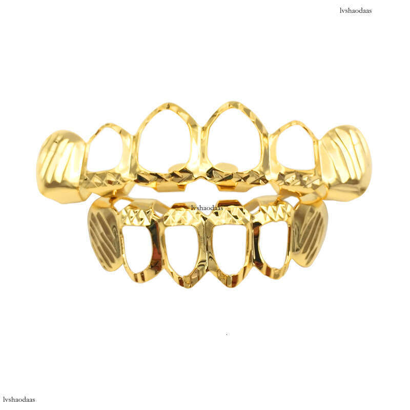 New HIPHOP Grillz Engraved Hollow Hip Hop Gold Teeth Set