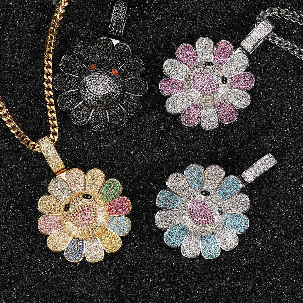 Hip-Hop Rotatable Murakami Suower Trendy Brand Personality Sterling Silver Inlaid Moissanite chain Pendant Necklace