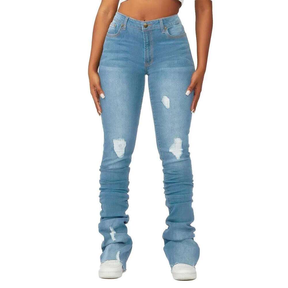 Washed Denim Straight Pants Women Ankle Length Jean Ripped Hole Distressed Pockets Solid Casual Skinny Vintage High Waist