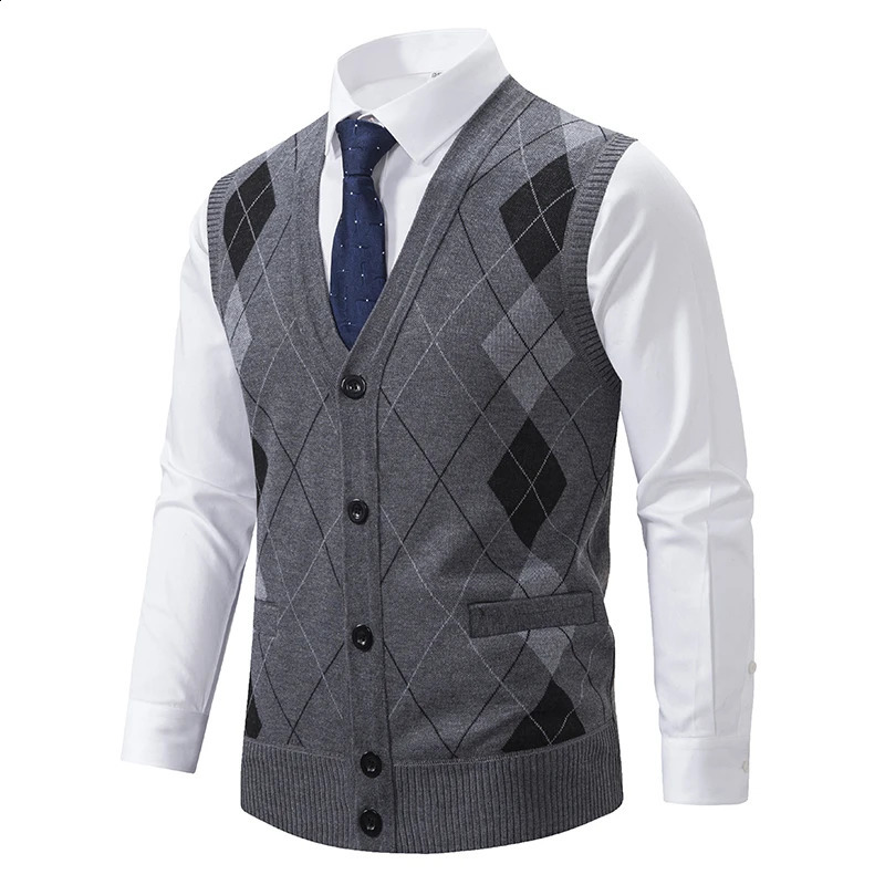 Spring Autumn Male Vest Sleeveless Sweater Fleece Warm Knitted Jackets Checkered Business Casual Button Up Coat Mens Clothing 250809