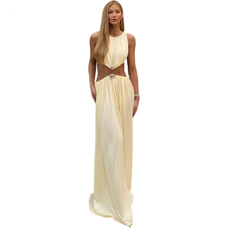 2025 Autumn New Womens Fashion Sexy Waist-Exposing Long Dress Round Neck Sleeveless Solid Color Dress