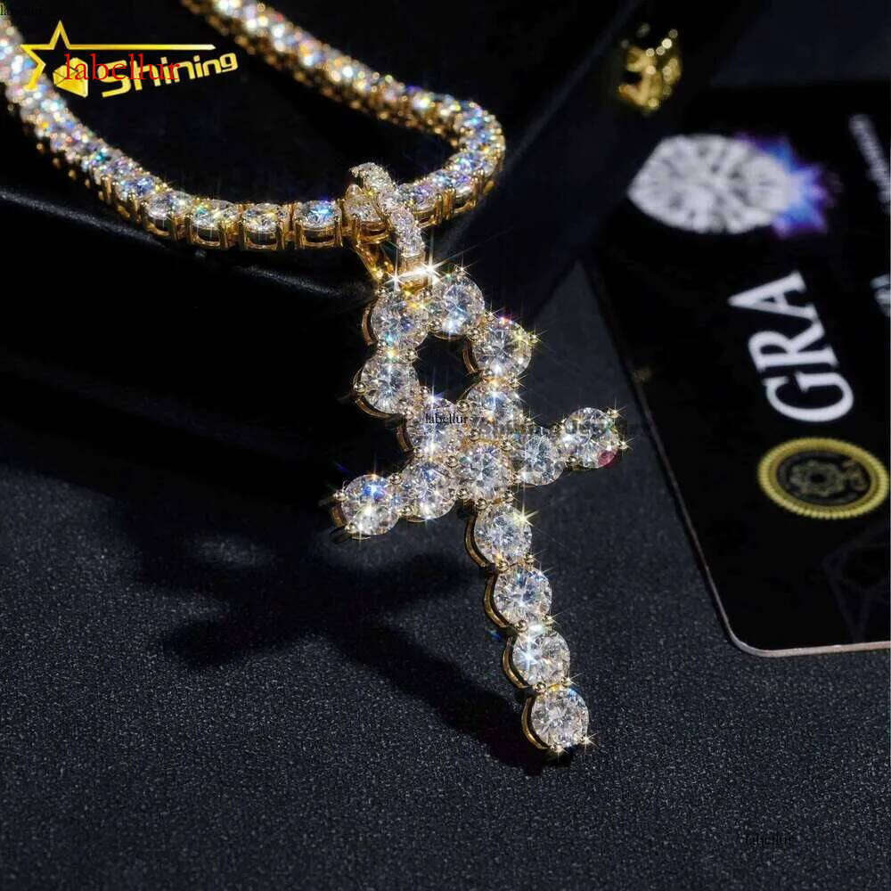 Quality Certification Tennis Chain Hip Hop Jewelry 10K 14K Real Gold VVS Silica Cross Pendant