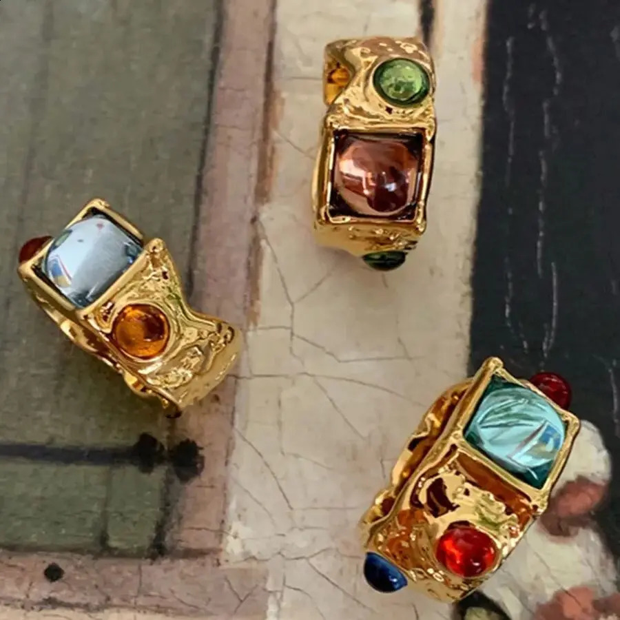 Chic Colorful Crystal Ring For Women Vintage Baroque Premium Gold Color Multicolor Stone Metal Irregular Ring Unique Gift 250805