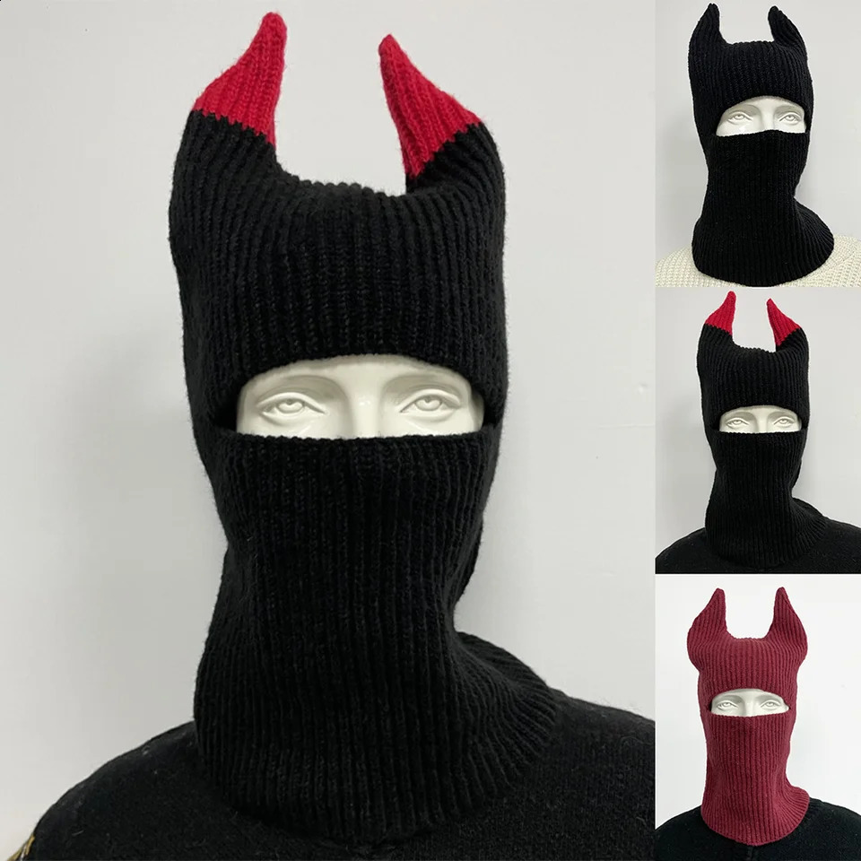 Devil Horn Balaclava Full Face Cover Ski Mask Hats For Women Men Halloween Party Hat Army Tactical Cs Windproof Knit Beanies Cap 250807