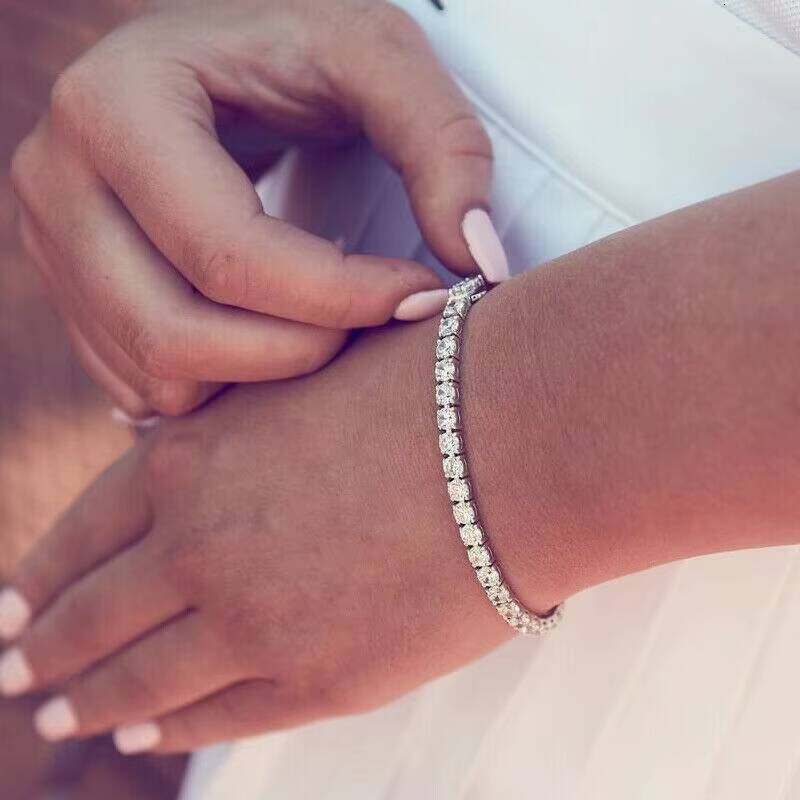 Men Women 14K White Gold 1 Row Cut Iced Out Tennis Bracelets Hip Hop Lab Diamond Link Chain Bracelet