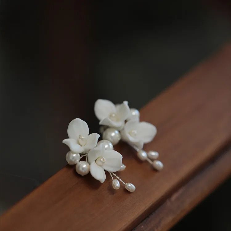 Bridal Jewelry Pearl Hair Pin Clip Porcelain Flower Head Piece For Bride Women Silver Color Hairpin Earrings Wedding Accessories 250807