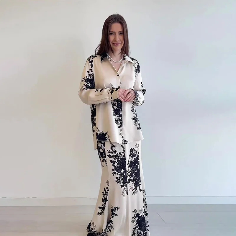 Spring Summer Satin Printed Women Loose Shirt Suits Traf Long Sleeve V Neck Blouse Female Midi Skirt Sets 250808