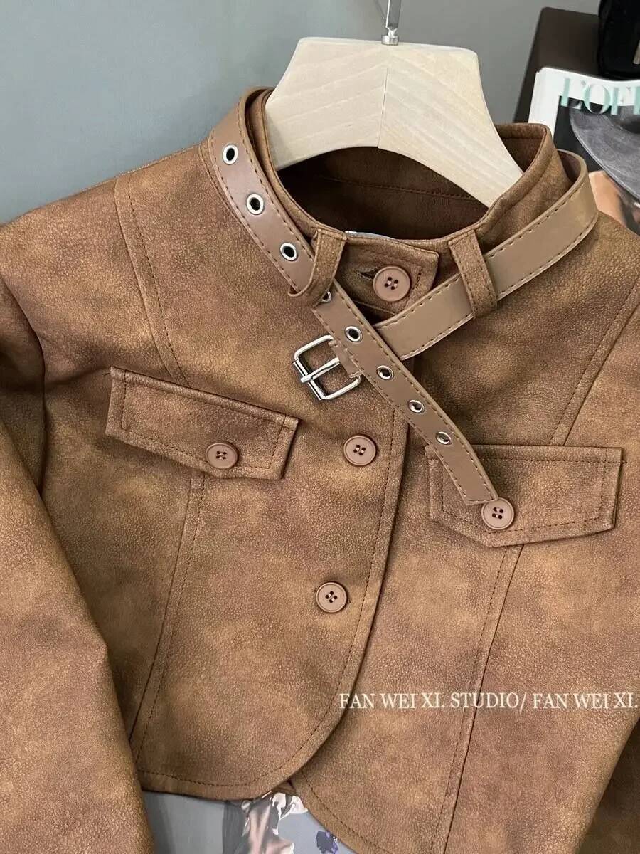 Gkyocq Korean Chic Women Coats Retro Brown Stand Collar Long Sleeve Lace Up Slim Short Jacket Pu Leather Female Tops Clothes