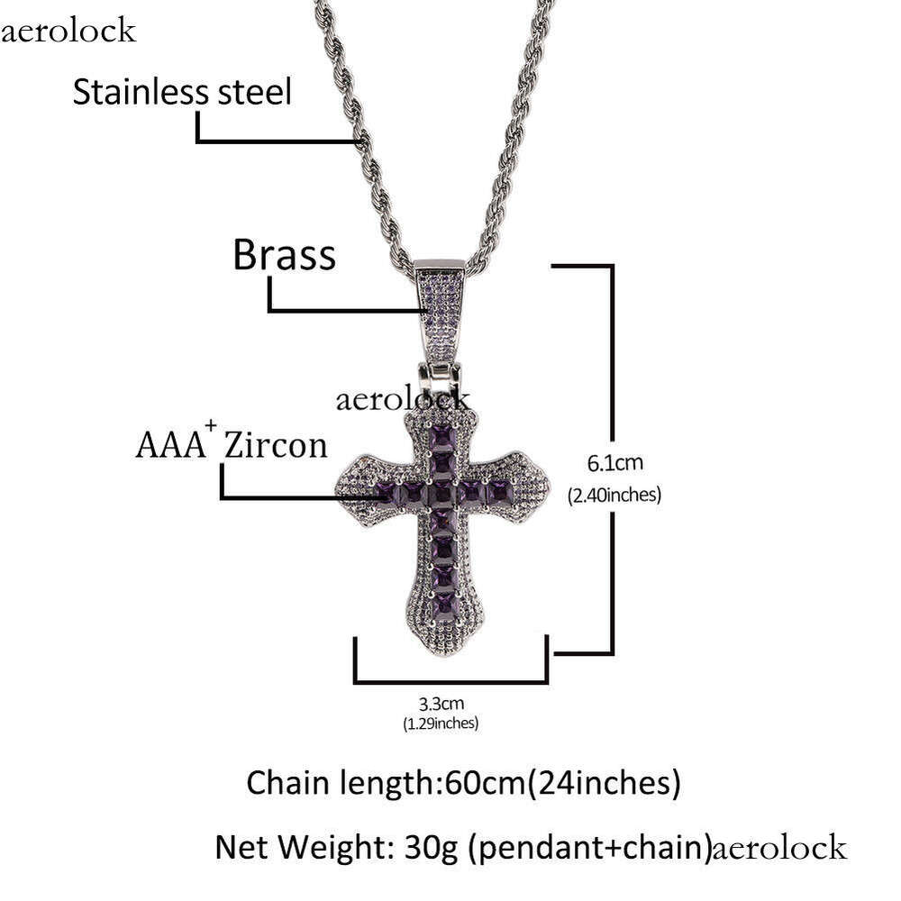 Hip Hop Cross Pendant Large Sterling Silver Inlaid Purple Moissanite chain Light Sweater Necklace