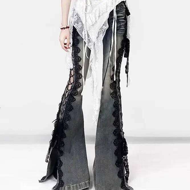 American Vintage Y2k Lace Strap Split Denim Women's Straight Loose Wide Leg Pants 2025 Summer Streetwear Bell Bottom Jeans