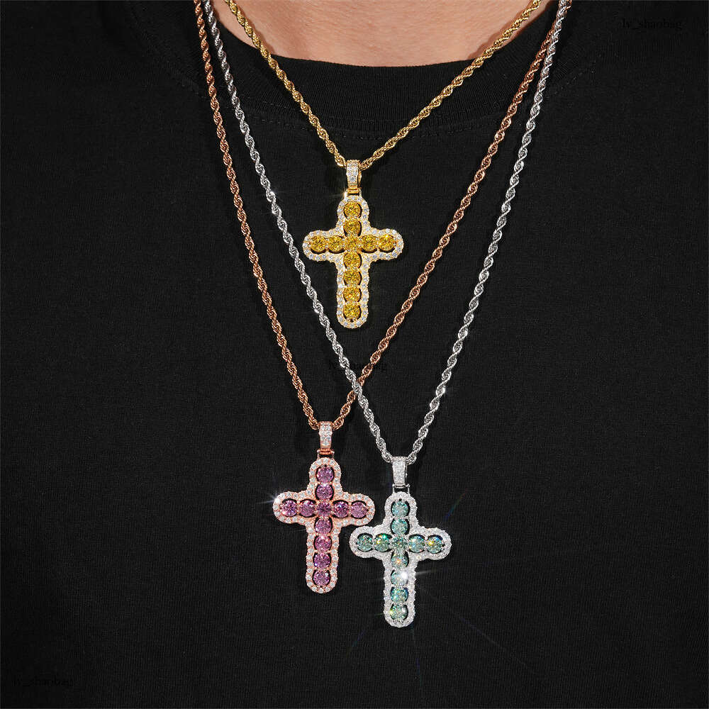 Iced Out VVS Inlaid Colorful Moissanite Hip Hop Necklace Cross Pendant Jewelry