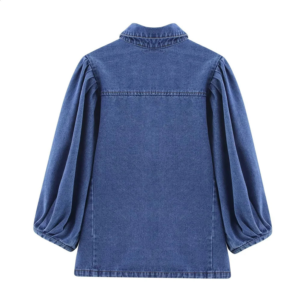 PB ZA 2025 Womens Blue Denim Puff - Sleeve Button - Down Shirt and Wide - Leg Jeans Set for a Casual and Stylish Look 250808