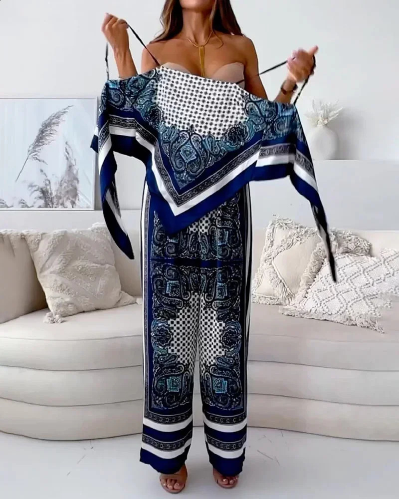 Stylish Printed Lace-Up Vest Pants Two-Piece Set Summer Satin Print Women Casual Sling Lace Up Top Wide Leg Pants 2 Piece Set 250808
