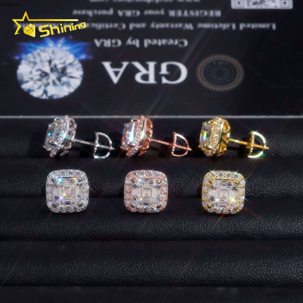 RTS Tester Certified Hip Hop Jewelry Sier Asscher Cut VVS Dia Moissanite Stud Fashion Earrings