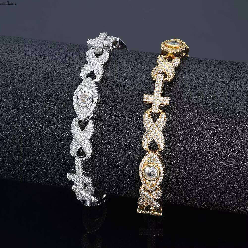 NUOYA Unisex 10mm Iced Dia Bracelet Eye Design Gold Plated Cross Cuban Link Chain Hip Hop Jewelry Men Women Gift