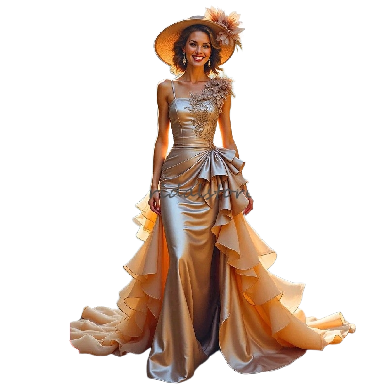 Luxury Gold Mermaid Prom Dress With Lace Ruffles Elegant Victorian Mystical Evening Dresses Overskirt Formal Party Birthday 2025 Charming Robe De Mari