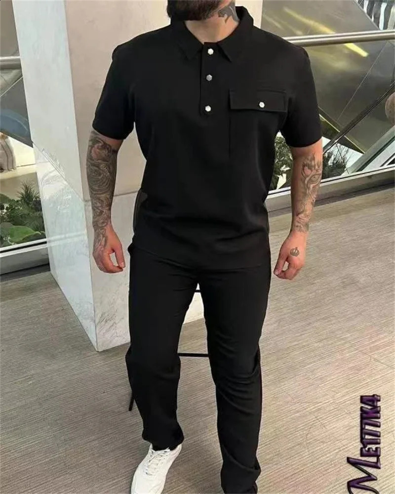 Summer Men Shortsleeved Suit fashionpocket Sportswear Shirt trousers Twopiece Mensuit SXXXL 250809