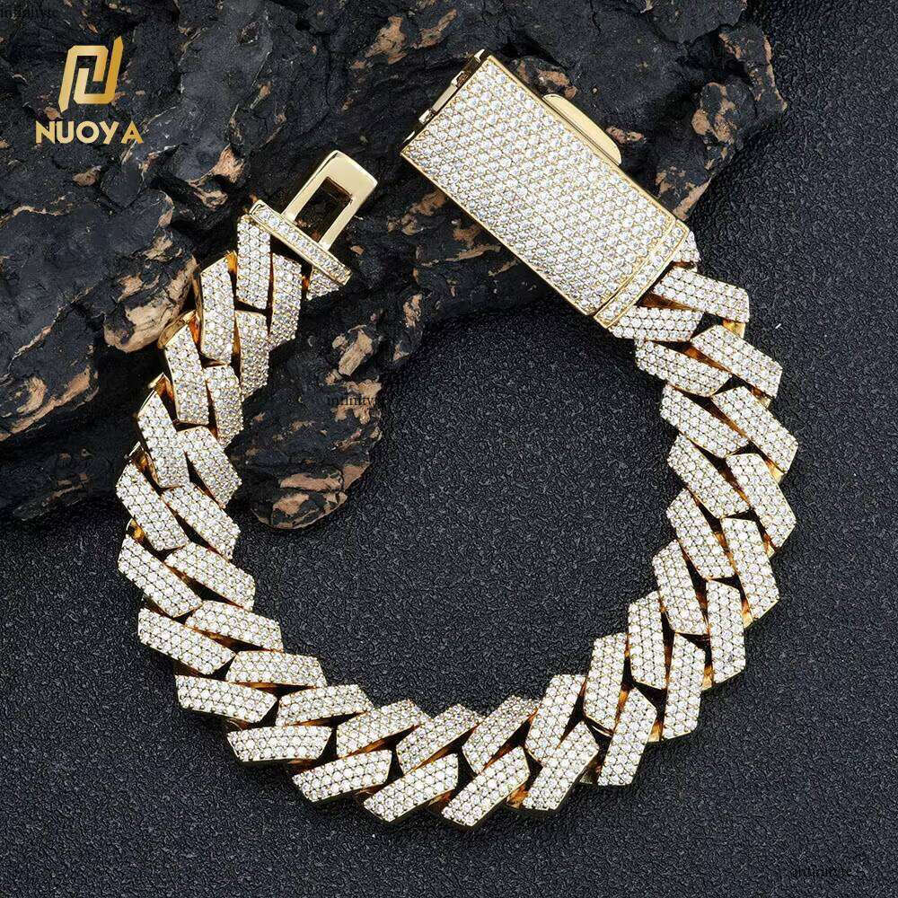 NUOYA Hip Hop Jewelry 16mm Dia Chain Inlaid 3 Rows Zircon Sier Plated Iced Out Cuban Link Bracelet for Men Women